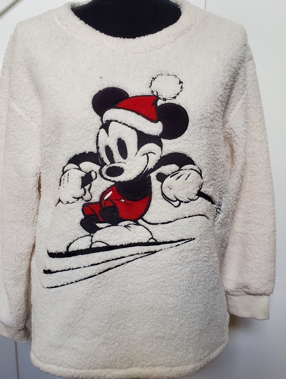 Disney Cream Fleece Mickey Mouse Skiing Sweater with Red Accents